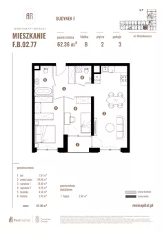 3 pokoje, apartament 62,36 m², piętro 2, oferta nr F.B.02.77, Apartamenty Reytana - Budynek F, Bielsko-Biała, ul. Rejtana