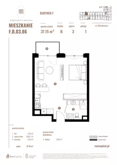 1 pokój, apartament 37,15 m², piętro 3, oferta nr F.B.03.86, Apartamenty Reytana - Budynek F, Bielsko-Biała, ul. Rejtana