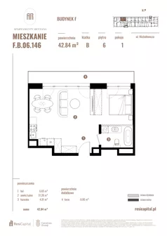 1 pokój, apartament 42,84 m², piętro 6, oferta nr F.B.06.146, Apartamenty Reytana - Budynek F, Bielsko-Biała, ul. Rejtana