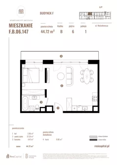 1 pokój, apartament 44,72 m², piętro 6, oferta nr F.B.06.147, Apartamenty Reytana - Budynek F, Bielsko-Biała, ul. Rejtana