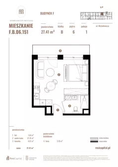 1 pokój, apartament 27,41 m², piętro 6, oferta nr F.B.06.151, Apartamenty Reytana - Budynek F, Bielsko-Biała, ul. Rejtana