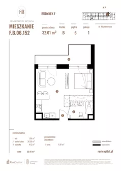 1 pokój, apartament 32,01 m², piętro 6, oferta nr F.B.06.152, Apartamenty Reytana - Budynek F, Bielsko-Biała, ul. Rejtana