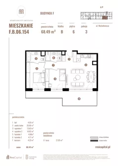 3 pokoje, apartament 68,49 m², piętro 6, oferta nr F.B.06.154, Apartamenty Reytana - Budynek F, Bielsko-Biała, ul. Rejtana
