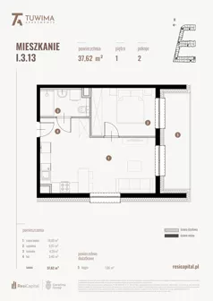 2 pokoje, mieszkanie 37,62 m², piętro 1, oferta nr I.3.13, Apartamenty Tuwima, Łódź, Śródmieście, ul. Juliana Tuwima