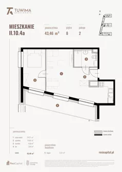 2 pokoje, mieszkanie 43,46 m², piętro 8, oferta nr II.10.4a, Apartamenty Tuwima, Łódź, Śródmieście, ul. Juliana Tuwima