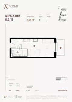 1 pokój, mieszkanie 27,09 m², piętro 1, oferta nr II.3.15, Apartamenty Tuwima, Łódź, Śródmieście, ul. Juliana Tuwima