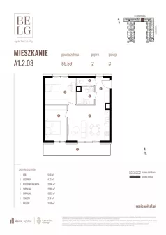 3 pokoje, mieszkanie 59,59 m², piętro 2, oferta nr A1.2.03, Belg Apartamenty II, Katowice, Śródmieście, ul. Przemysłowa 3