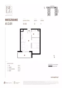 1 pokój, mieszkanie 31,35 m², piętro 3, oferta nr A1.3.01, Belg Apartamenty II, Katowice, Śródmieście, ul. Przemysłowa 3