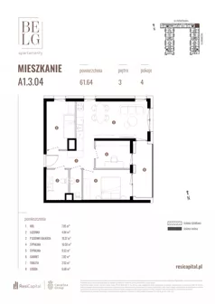 4 pokoje, mieszkanie 61,64 m², piętro 3, oferta nr A1.3.04, Belg Apartamenty II, Katowice, Śródmieście, ul. Przemysłowa 3