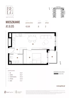 2 pokoje, mieszkanie 43,98 m², piętro 6, oferta nr A1.6.05, Belg Apartamenty II, Katowice, Śródmieście, ul. Przemysłowa 3