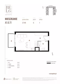 1 pokój, mieszkanie 27,48 m², piętro 6, oferta nr A1.6.11, Belg Apartamenty II, Katowice, Śródmieście, ul. Przemysłowa 3