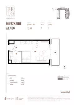 1 pokój, mieszkanie 27,45 m², piętro 7, oferta nr A1.7.06, Belg Apartamenty II, Katowice, Śródmieście, ul. Przemysłowa 3