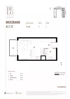 1 pokój, mieszkanie 27,48 m², piętro 7, oferta nr A1.7.11, Belg Apartamenty II, Katowice, Śródmieście, ul. Przemysłowa 3