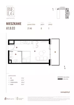 1 pokój, mieszkanie 27,46 m², piętro 8, oferta nr A1.8.03, Belg Apartamenty II, Katowice, Śródmieście, ul. Przemysłowa 3