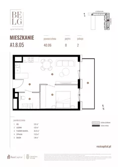 2 pokoje, mieszkanie 40,06 m², piętro 8, oferta nr A1.8.05, Belg Apartamenty II, Katowice, Śródmieście, ul. Przemysłowa 3