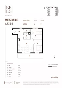 3 pokoje, mieszkanie 63,09 m², piętro 3, oferta nr A2.3.03, Belg Apartamenty II, Katowice, Śródmieście, ul. Przemysłowa 3