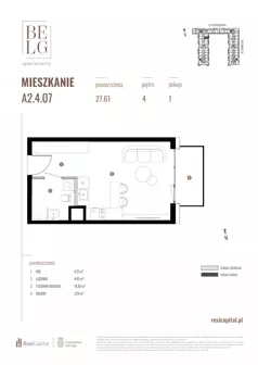 1 pokój, mieszkanie 27,61 m², piętro 4, oferta nr A2.4.07, Belg Apartamenty II, Katowice, Śródmieście, ul. Przemysłowa 3