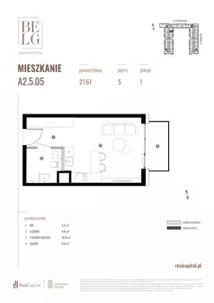 1 pokój, mieszkanie 27,61 m², piętro 5, oferta nr A2.5.05, Belg Apartamenty II, Katowice, Śródmieście, ul. Przemysłowa 3