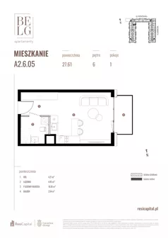 1 pokój, mieszkanie 27,61 m², piętro 6, oferta nr A2.6.05, Belg Apartamenty II, Katowice, Śródmieście, ul. Przemysłowa 3