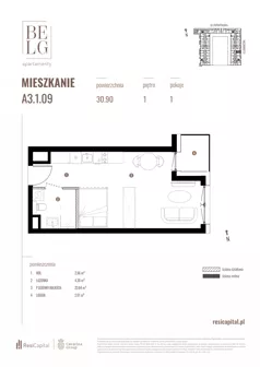 1 pokój, mieszkanie 30,90 m², piętro 1, oferta nr A3.1.09, Belg Apartamenty II, Katowice, Śródmieście, ul. Przemysłowa 3
