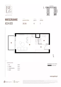1 pokój, mieszkanie 26,56 m², piętro 4, oferta nr A3.4.03, Belg Apartamenty II, Katowice, Śródmieście, ul. Przemysłowa 3