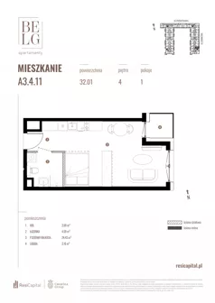 1 pokój, mieszkanie 32,01 m², piętro 4, oferta nr A3.4.11, Belg Apartamenty II, Katowice, Śródmieście, ul. Przemysłowa 3