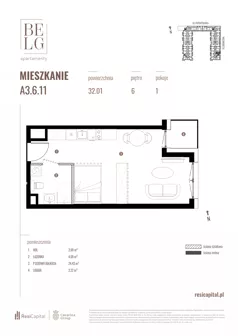 1 pokój, mieszkanie 32,01 m², piętro 6, oferta nr A3.6.11, Belg Apartamenty II, Katowice, Śródmieście, ul. Przemysłowa 3