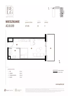 1 pokój, mieszkanie 27,45 m², piętro 8, oferta nr A3.8.09, Belg Apartamenty II, Katowice, Śródmieście, ul. Przemysłowa 3