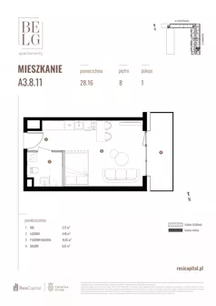 1 pokój, mieszkanie 28,16 m², piętro 8, oferta nr A3.8.11, Belg Apartamenty II, Katowice, Śródmieście, ul. Przemysłowa 3