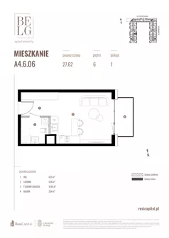1 pokój, mieszkanie 27,62 m², piętro 6, oferta nr A4.6.06, Belg Apartamenty II, Katowice, Śródmieście, ul. Przemysłowa 3