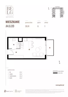 1 pokój, mieszkanie 26,91 m², piętro 6, oferta nr A4.6.09, Belg Apartamenty II, Katowice, Śródmieście, ul. Przemysłowa 3