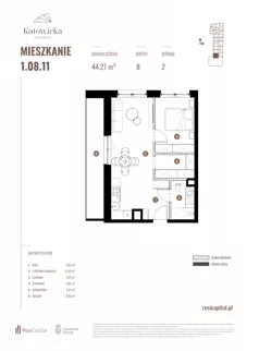 2 pokoje, apartament 44,27 m², piętro 8, oferta nr 1.08.11., Katowicka Residence, Katowice, Bogucice, ul. Katowicka