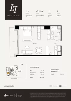 1 pokój, apartament 47,55 m², piętro 1, oferta nr 1.3., Liberty Tower, Warszawa, Wola, Mirów, ul. Grzybowska 54