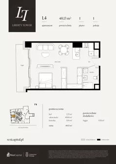 1 pokój, apartament 48,13 m², piętro 1, oferta nr 1.4., Liberty Tower, Warszawa, Wola, Mirów, ul. Grzybowska 54