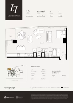 1 pokój, apartament 61,44 m², piętro 1, oferta nr 1.6., Liberty Tower, Warszawa, Wola, Mirów, ul. Grzybowska 54