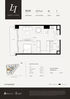 2 pokoje, apartament 47,75 m², piętro 10, oferta nr 10.10., Liberty Tower, Warszawa, Wola, Mirów, ul. Grzybowska 54