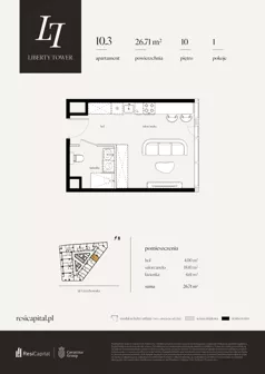 1 pokój, apartament 26,71 m², piętro 10, oferta nr 10.3., Liberty Tower, Warszawa, Wola, Mirów, ul. Grzybowska 54