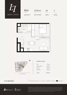 2 pokoje, apartament 32,59 m², piętro 10, oferta nr 10.4., Liberty Tower, Warszawa, Wola, Mirów, ul. Grzybowska 54
