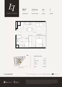 2 pokoje, apartament 33,78 m², piętro 10, oferta nr 10.5., Liberty Tower, Warszawa, Wola, Mirów, ul. Grzybowska 54