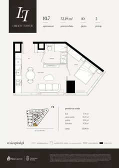 2 pokoje, apartament 32,19 m², piętro 10, oferta nr 10.7., Liberty Tower, Warszawa, Wola, Mirów, ul. Grzybowska 54