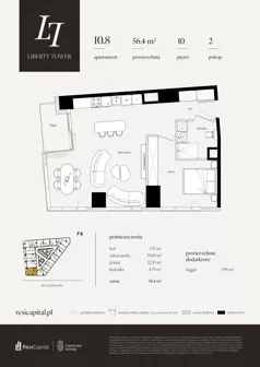 2 pokoje, apartament 56,40 m², piętro 10, oferta nr 10.8., Liberty Tower, Warszawa, Wola, Mirów, ul. Grzybowska 54