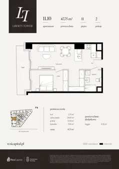 2 pokoje, apartament 47,75 m², piętro 11, oferta nr 11.10., Liberty Tower, Warszawa, Wola, Mirów, ul. Grzybowska 54