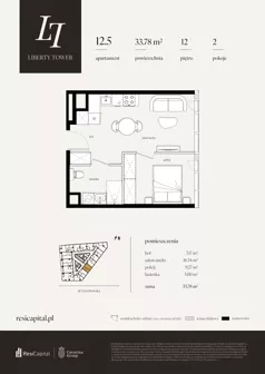 2 pokoje, apartament 33,78 m², piętro 12, oferta nr 12.5., Liberty Tower, Warszawa, Wola, Mirów, ul. Grzybowska 54