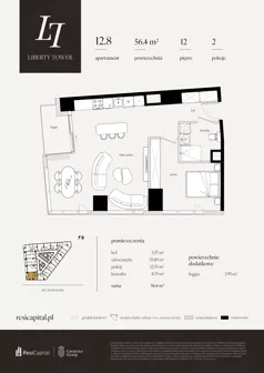 2 pokoje, apartament 56,40 m², piętro 12, oferta nr 12.8., Liberty Tower, Warszawa, Wola, Mirów, ul. Grzybowska 54