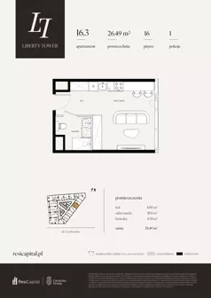 1 pokój, apartament 26,49 m², piętro 16, oferta nr 16.3., Liberty Tower, Warszawa, Wola, Mirów, ul. Grzybowska 54
