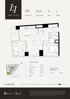 3 pokoje, apartament 55,60 m², piętro 17, oferta nr 17.8., Liberty Tower, Warszawa, Wola, Mirów, ul. Grzybowska 54