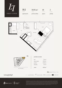 2 pokoje, apartament 50,91 m², piętro 18, oferta nr 18.1., Liberty Tower, Warszawa, Wola, Mirów, ul. Grzybowska 54