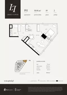 2 pokoje, apartament 50,91 m², piętro 19, oferta nr 19.1., Liberty Tower, Warszawa, Wola, Mirów, ul. Grzybowska 54