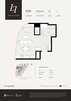 1 pokój, apartament 29,34 m², piętro 19, oferta nr 19.10., Liberty Tower, Warszawa, Wola, Mirów, ul. Grzybowska 54