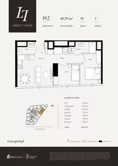 3 pokoje, apartament 49,29 m², piętro 19, oferta nr 19.2., Liberty Tower, Warszawa, Wola, Mirów, ul. Grzybowska 54
